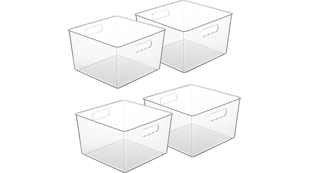 four large plastic storage bins